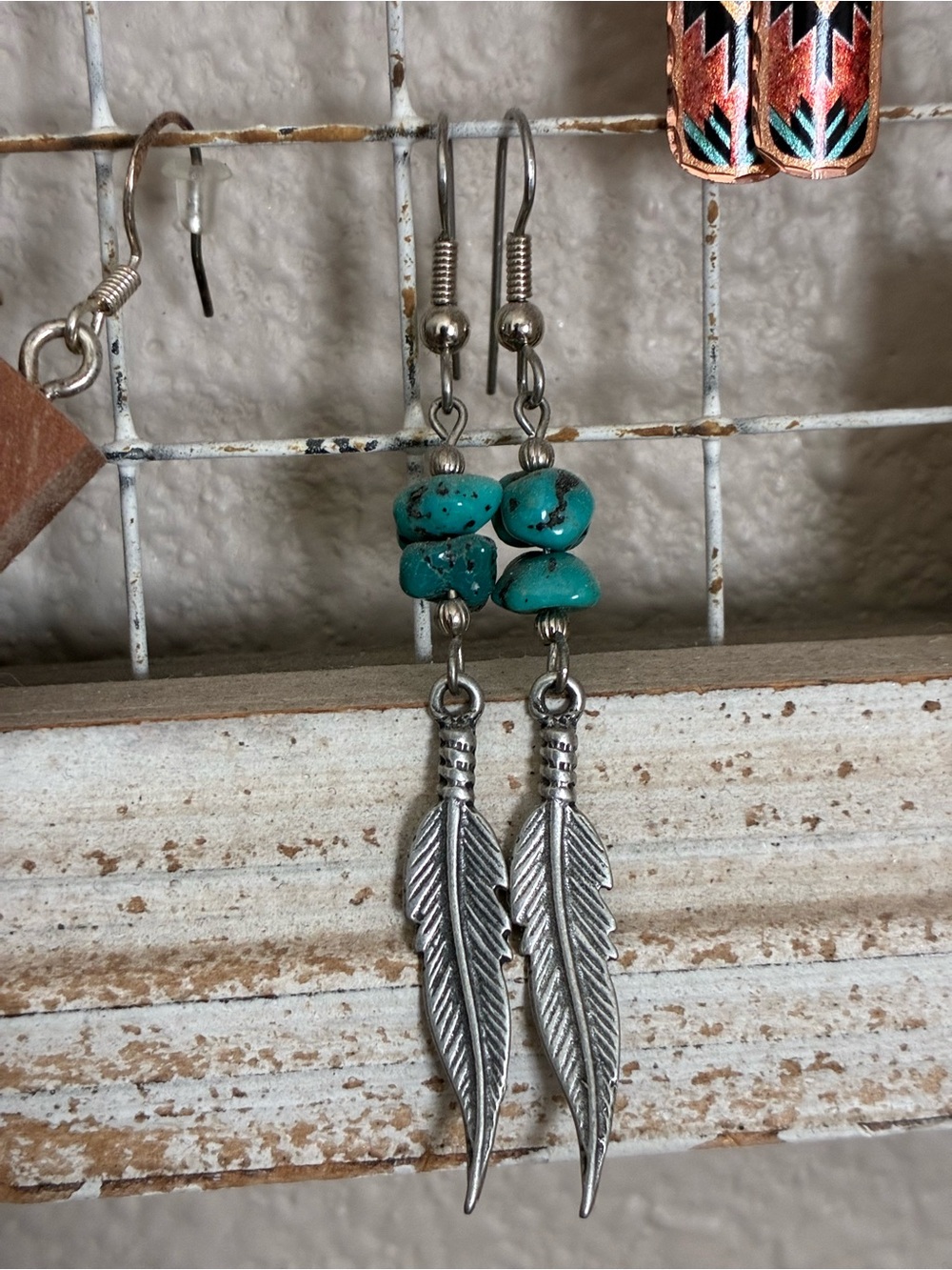 Turquoise Bead Feather Drop Earrings - Handmade Women Jewelry